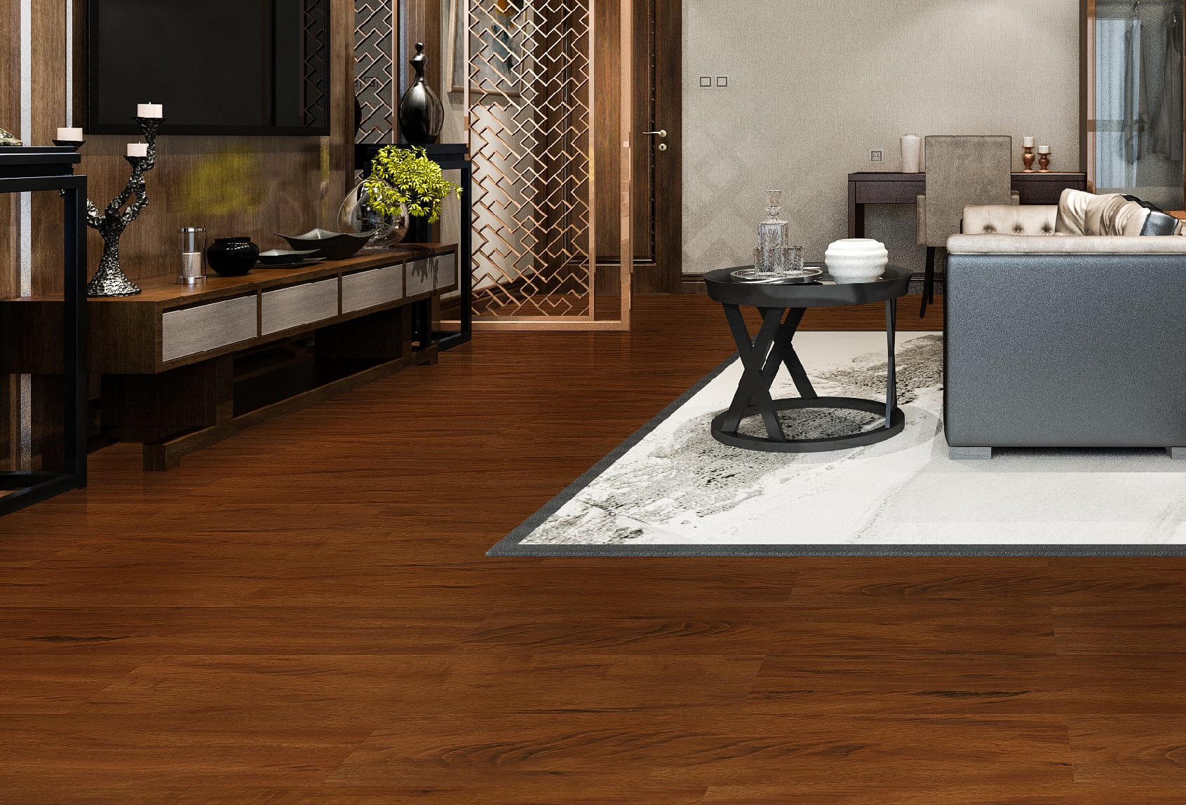 Lantai Vinyl TV 2003 Brazilian Tigerwood di Ruang Tamu Mewah - Penerapan lantai vinyl dengan desain Brazilian Tigerwood yang kaya warna di ruang tamu bergaya elegan, menampilkan furnitur modern dan dekorasi yang mewah, menciptakan suasana yang hangat dan berkelas untuk hunian