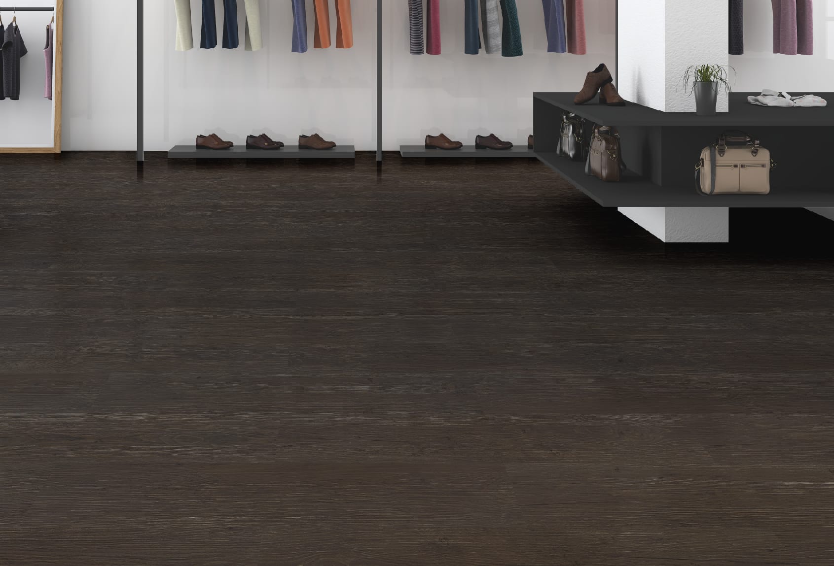 Lantai Vinyl TV 2008 Grey Pine di Toko Pakaian Modern - Penerapan lantai vinyl dengan desain Grey Pine yang gelap dan netral di toko pakaian, menampilkan rak gantung dengan pakaian berwarna-warni dan rak sepatu, menciptakan tampilan interior yang elegan dan profesional