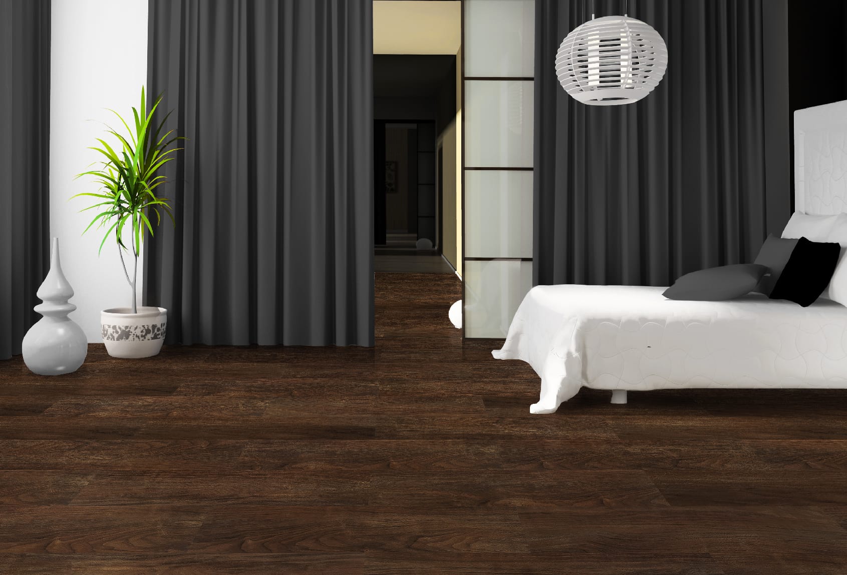 Lantai Vinyl TV 2009 Oregon Walnut di Kamar Tidur Modern - Penerapan lantai vinyl dengan desain Oregon Walnut yang gelap dan kaya di kamar tidur modern, dilengkapi dengan tempat tidur putih, gorden abu-abu gelap, dan elemen dekorasi minimalis, menciptakan suasana yang elegan dan nyaman dalam hunian