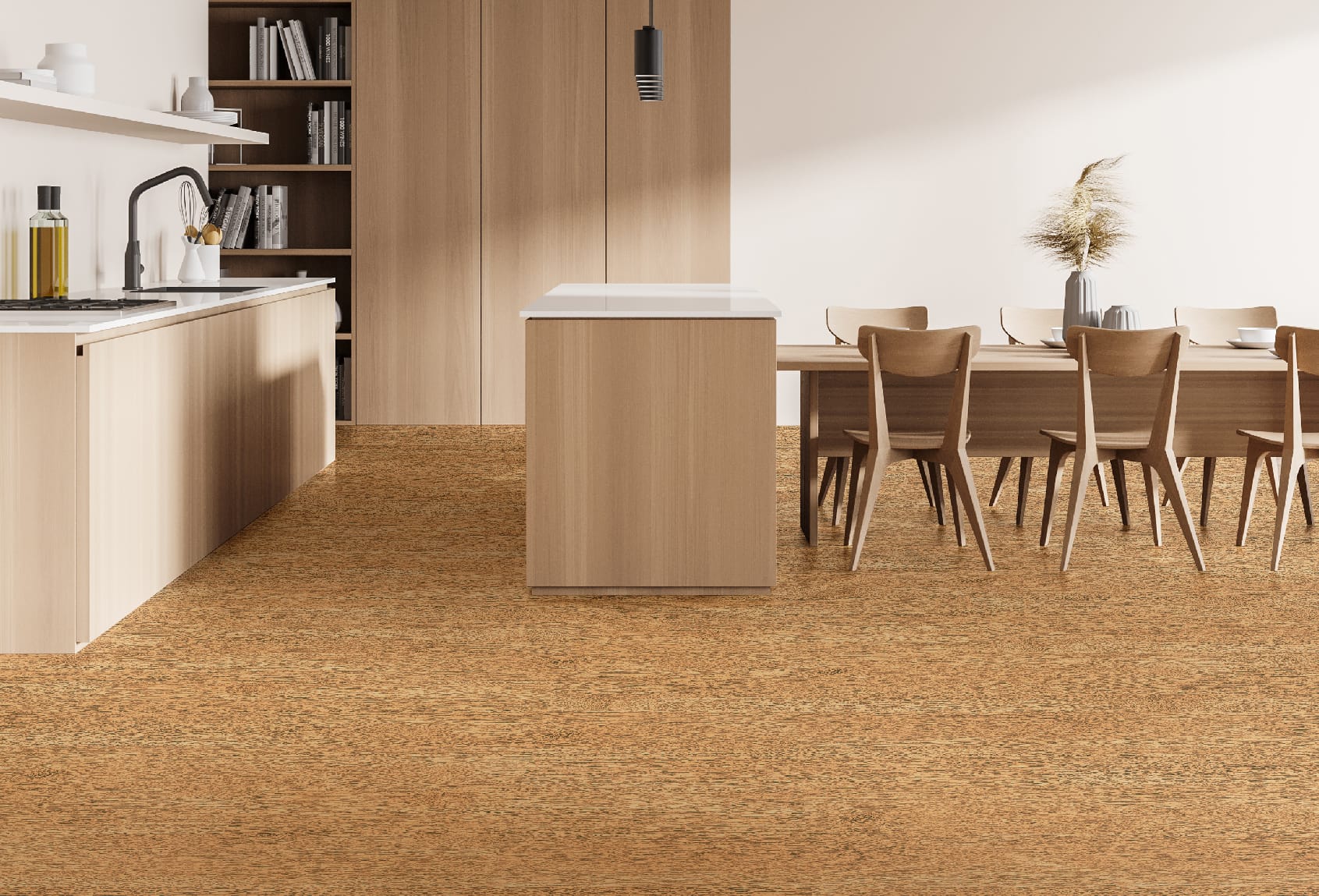 Lantai Vinyl TV 2002 Honey Oak di Ruang Dapur dan Makan Modern - Penerapan lantai vinyl dengan warna Honey Oak yang hangat di ruang dapur dan ruang makan dengan desain minimalis, menampilkan meja makan kayu dan kursi dengan gaya kontemporer, menciptakan suasana alami dan nyaman di dalam rumah.