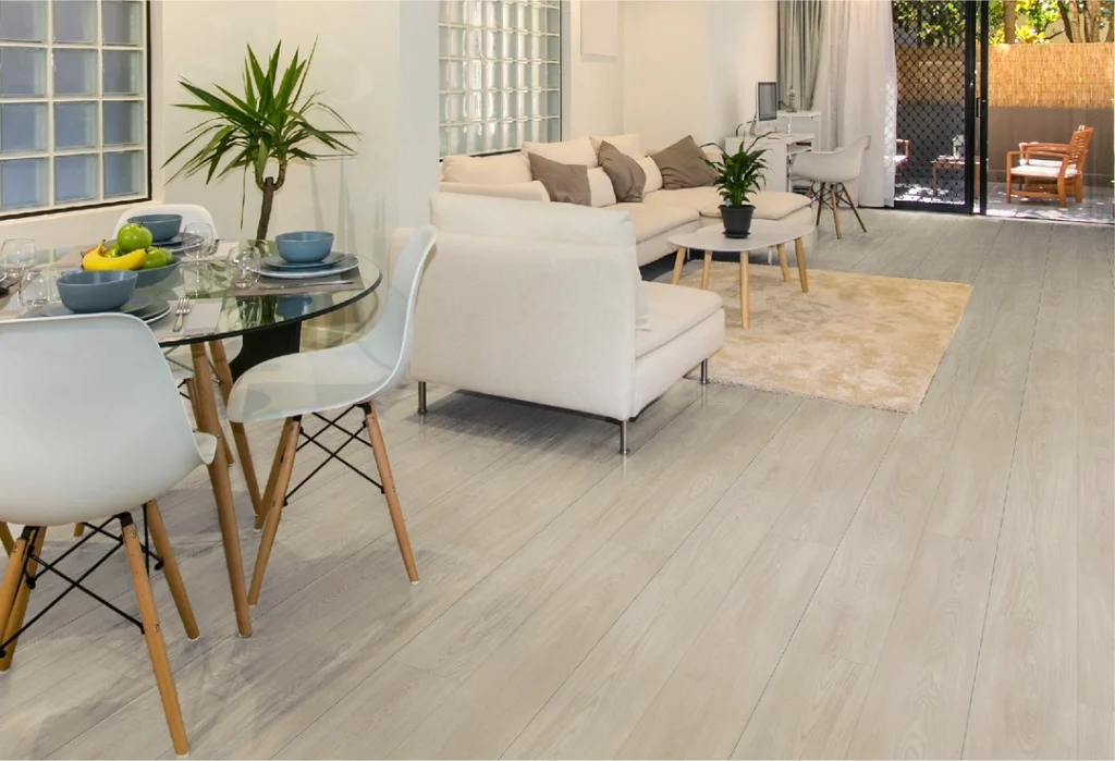 ruang tamu dengan lantai vinyl motif TV 3029