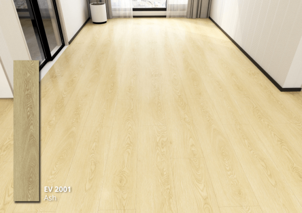 EV 2001 Ash ECO FLOORING Super Vinyl Plank dengan tampilan kayu ash terang natural untuk interior rumah minimalis modern