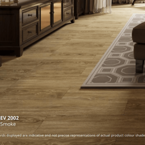 Ruang keluarga dengan lantai ECO FLOORING Super Vinyl Plank Smoke EV 2002 yang menciptakan suasana elegan dan sophisticated