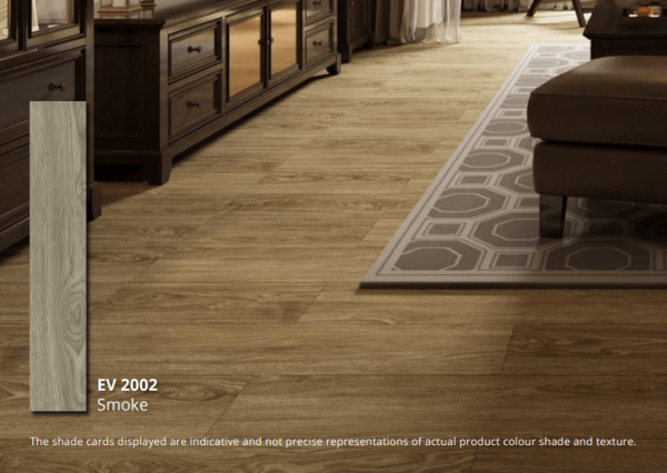 Ruang keluarga dengan lantai ECO FLOORING Super Vinyl Plank Smoke EV 2002 yang menciptakan suasana elegan dan sophisticated