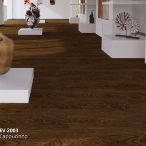 Galeri seni dengan lantai ECO FLOORING Super Vinyl Plank Cappucino EV 2003 yang menciptakan suasana elegan dan mewah