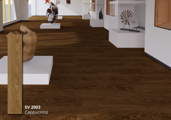 Galeri seni dengan lantai ECO FLOORING Super Vinyl Plank Cappucino EV 2003 yang menciptakan suasana elegan dan mewah