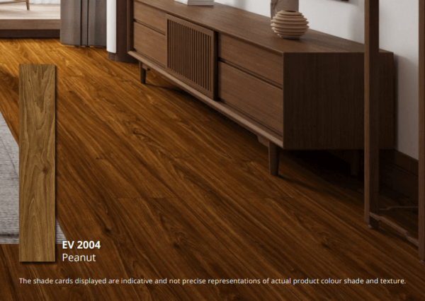 Ruang tamu dengan lantai ECO FLOORING Super Vinyl Plank Peanut EV 2004 yang menciptakan suasana hangat dan nyaman