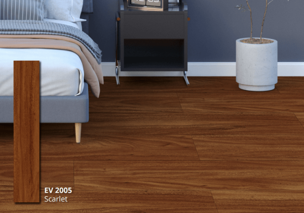 Kamar tidur dengan lantai ECO FLOORING Super Vinyl Plank Scarlet EV 2005 yang menciptakan suasana mewah dan hangat