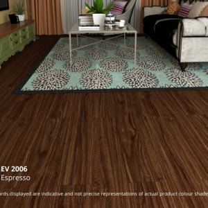 Ruang tamu dengan lantai ECO FLOORING Super Vinyl Plank Espresso EV 2006 yang menciptakan suasana mewah dan sophisticated