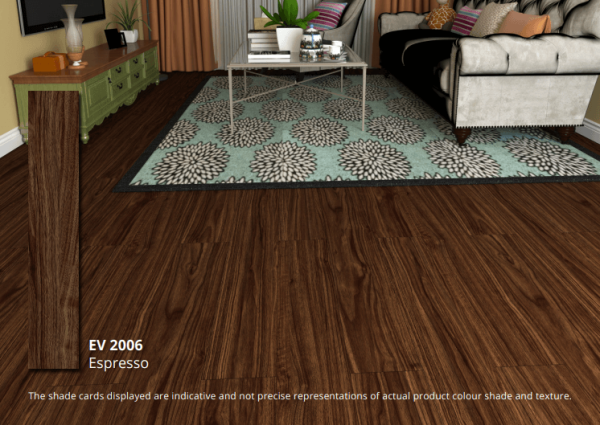 Ruang tamu dengan lantai ECO FLOORING Super Vinyl Plank Espresso EV 2006 yang menciptakan suasana mewah dan sophisticated