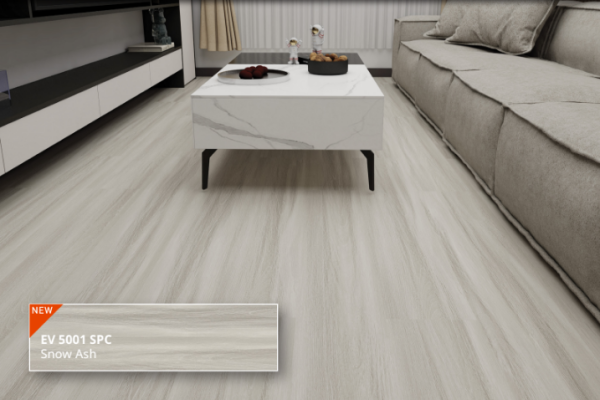 ECO FLOORING Super SPC EV 5001 Snow Ash ruang tamu modern minimalis putih