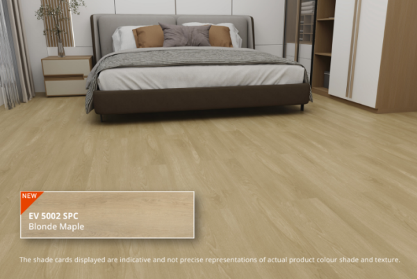 ECO FLOORING Super SPC EV 5002 Blonde Maple kamar tidur hangat modern cozy.