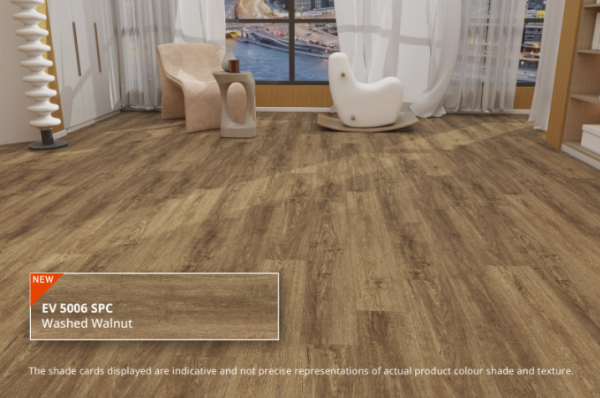 ECO FLOORING Super SPC EV 5006 Washed Walnut ruang santai rustic modern timeless.