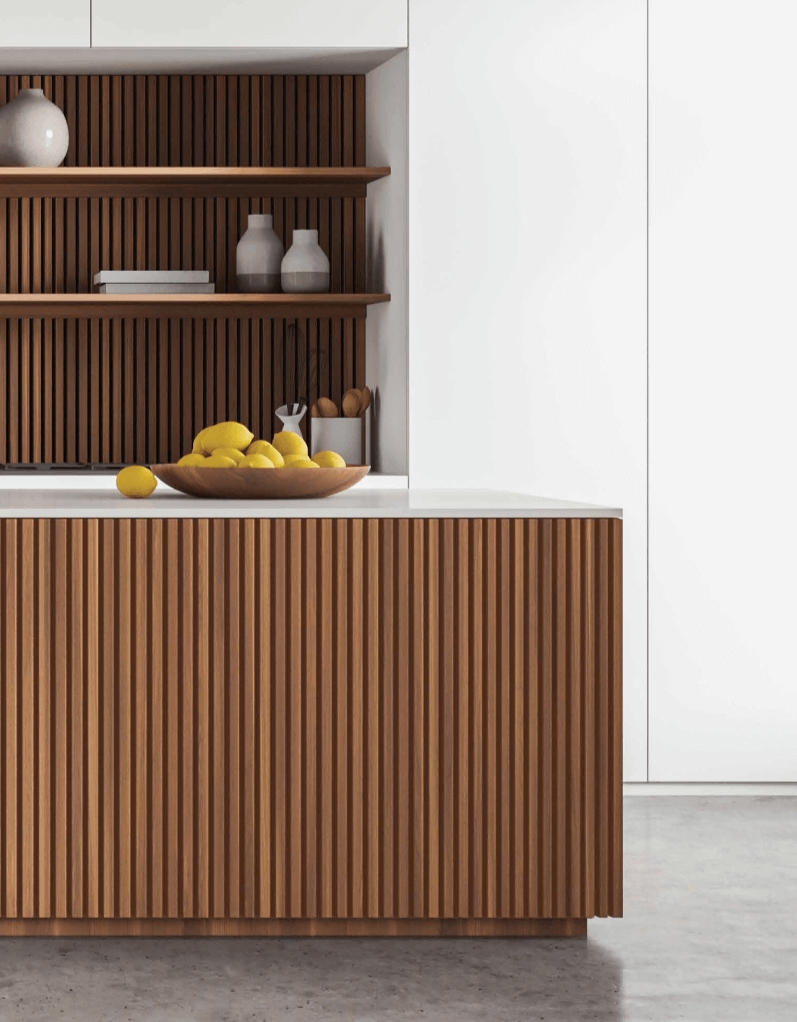 Aplikasi Panel WPC TACO di kitchen set modern dengan desain fluted vertical untuk island dan rak dinding