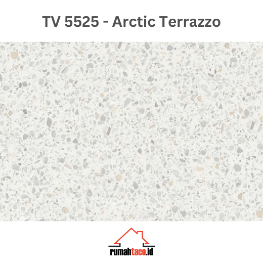 Lantai vinyl TACO Ultracore 500 SPC TV 5525 Arctic Terrazzo motif terrazzo putih dengan butiran agregat untuk interior minimalis modern