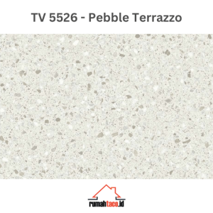 Lantai vinyl TACO Ultracore 500 SPC TV 5526 Pebble Terrazzo motif terrazzo abu-abu dengan butiran agregat untuk interior modern minimalis
