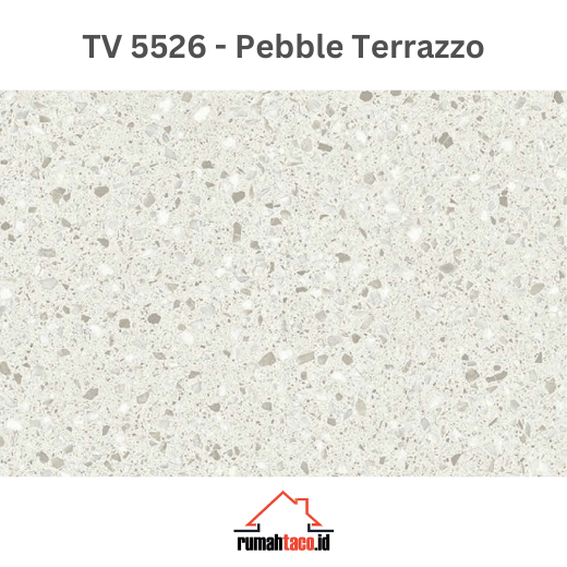Lantai vinyl TACO Ultracore 500 SPC TV 5526 Pebble Terrazzo motif terrazzo abu-abu dengan butiran agregat untuk interior modern minimalis