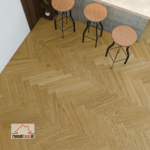 Motif lantai SPC TACO Herringbone TV 5528 SHR Autumn Cherry terpasang di ruangan dengan pola zigzag cokelat kemerahan hangat