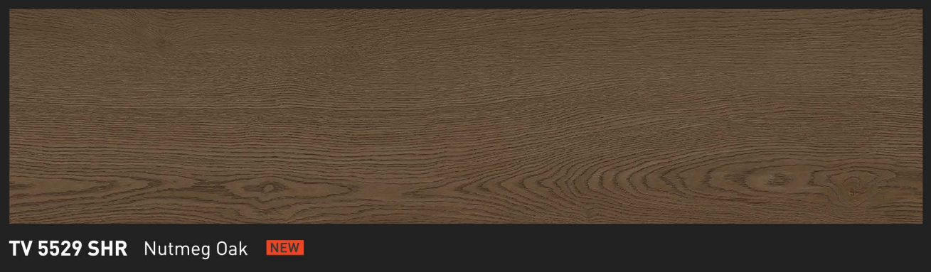 Plank lantai vinyl SPC TACO TV 5529 SHR Nutmeg Oak dengan tekstur wood grain natural oak cokelat gelap