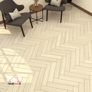 Motif lantai SPC TACO Herringbone TV 5530 SHR Willow Oak terpasang di ruangan dengan pola zigzag putih keabu-abuan terang