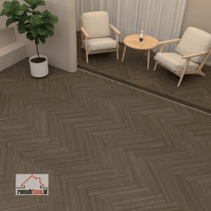 Motif lantai SPC TACO Herringbone TV 5532 SHR Saddle Oak terpasang di ruangan dengan pola zigzag cokelat medium klasik