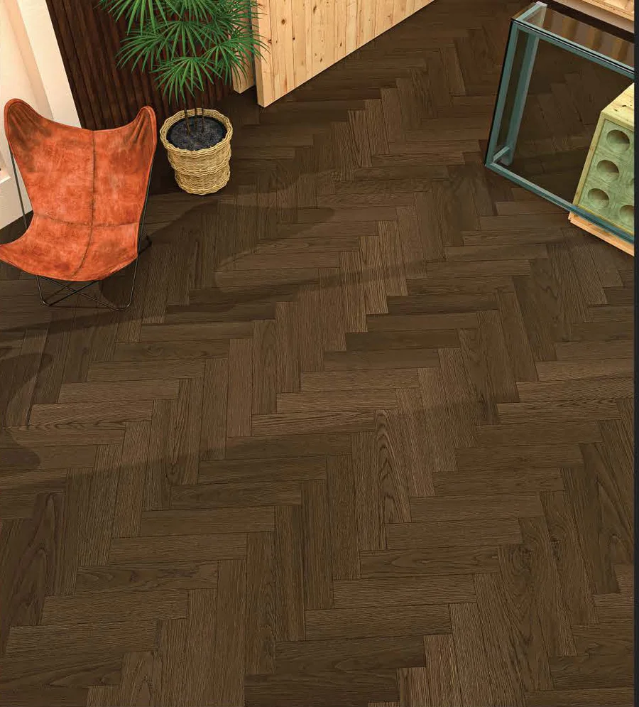 Lantai SPC herringbone Taco Nutmeg Oak TV 5529 SHR warna cokelat tua
