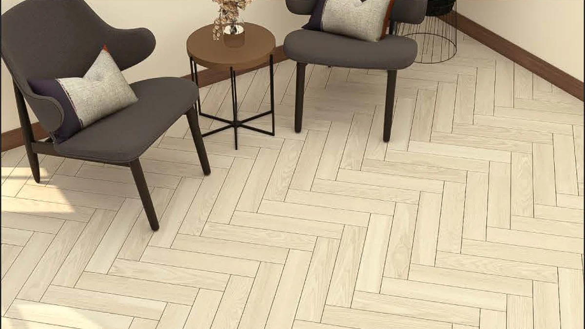 Visualisasi lantai SPC herringbone Taco motif Willow Oak pada ruang tamu dengan pola zigzag