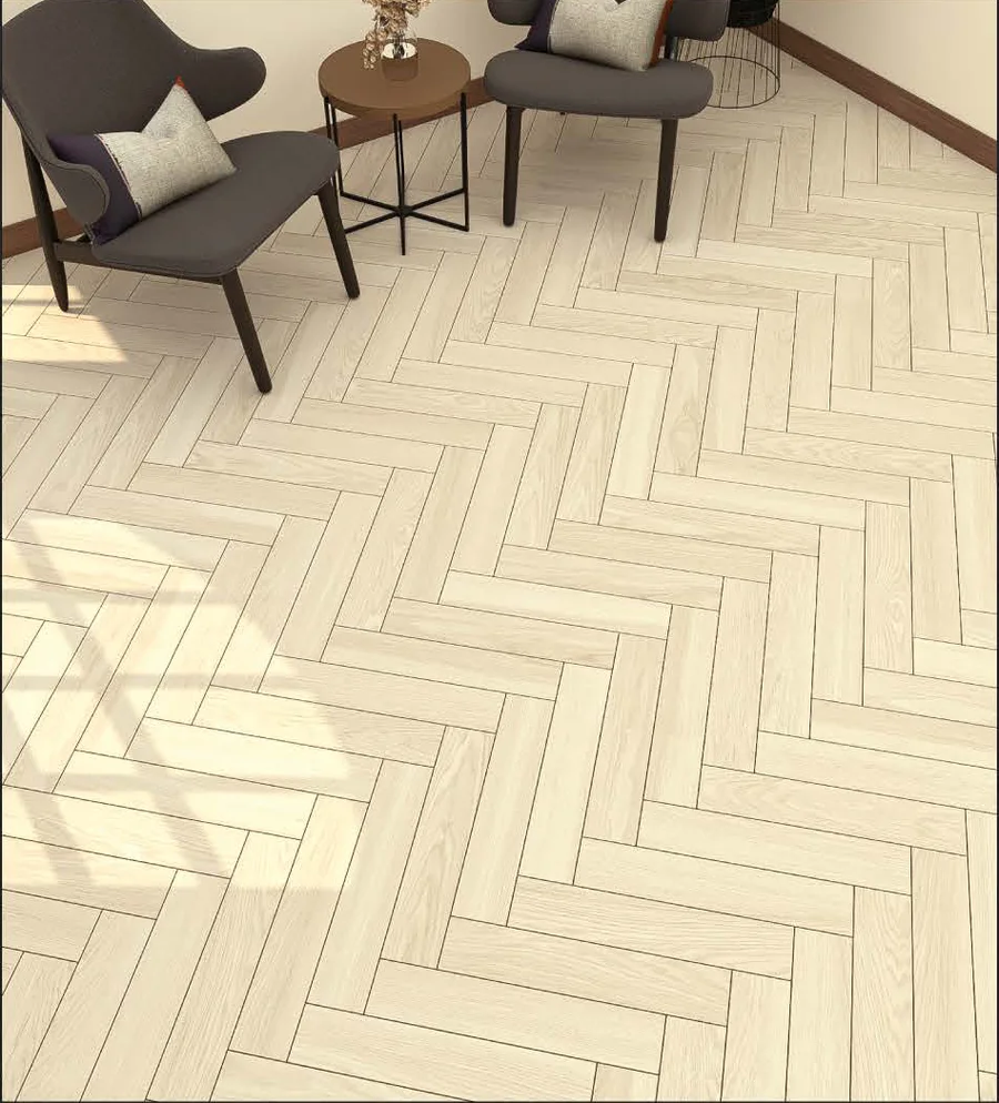Lantai SPC herringbone Taco Willow Oak TV 5530 SHR warna krem keabu-abuan terang