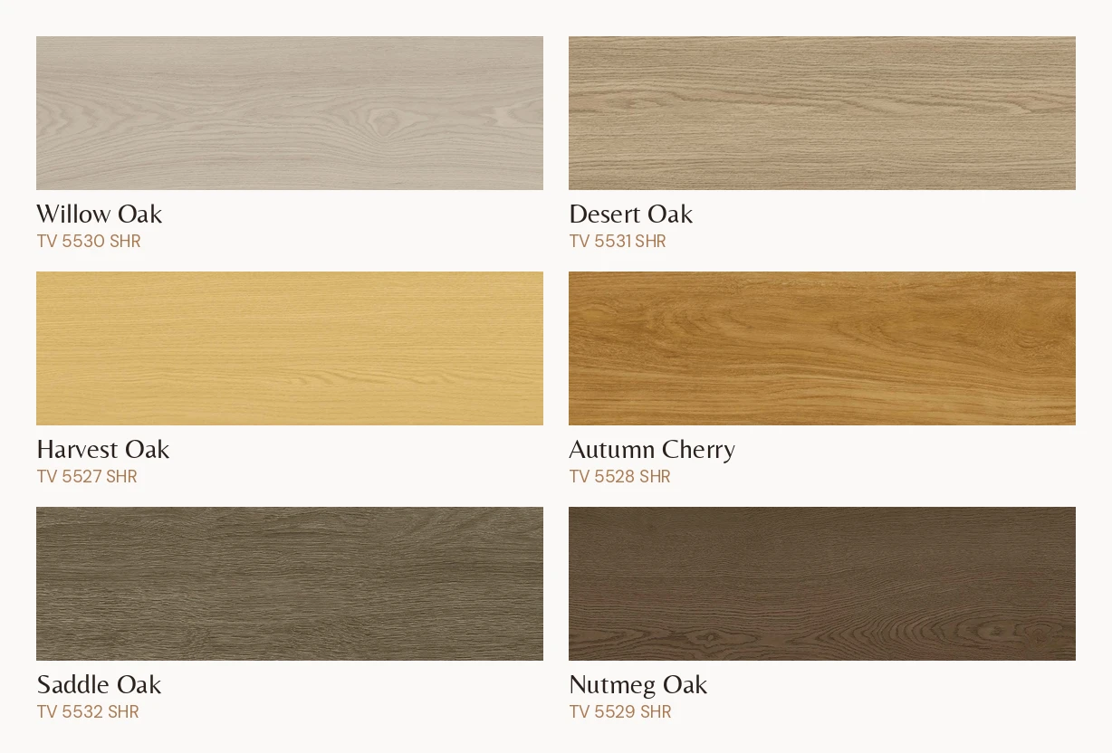 Palet 6 motif kayu lantai SPC herringbone Taco: Willow Oak, Desert Oak, Harvest Oak, Autumn Cherry, Saddle Oak, Nutmeg Oak